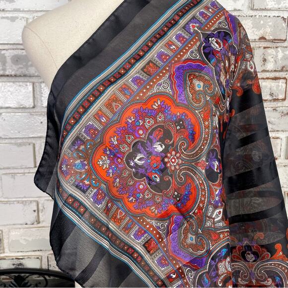 Vintage Black Purple Red Italian Floral Paisley Lightweight Scarf - Picture 3 of 8